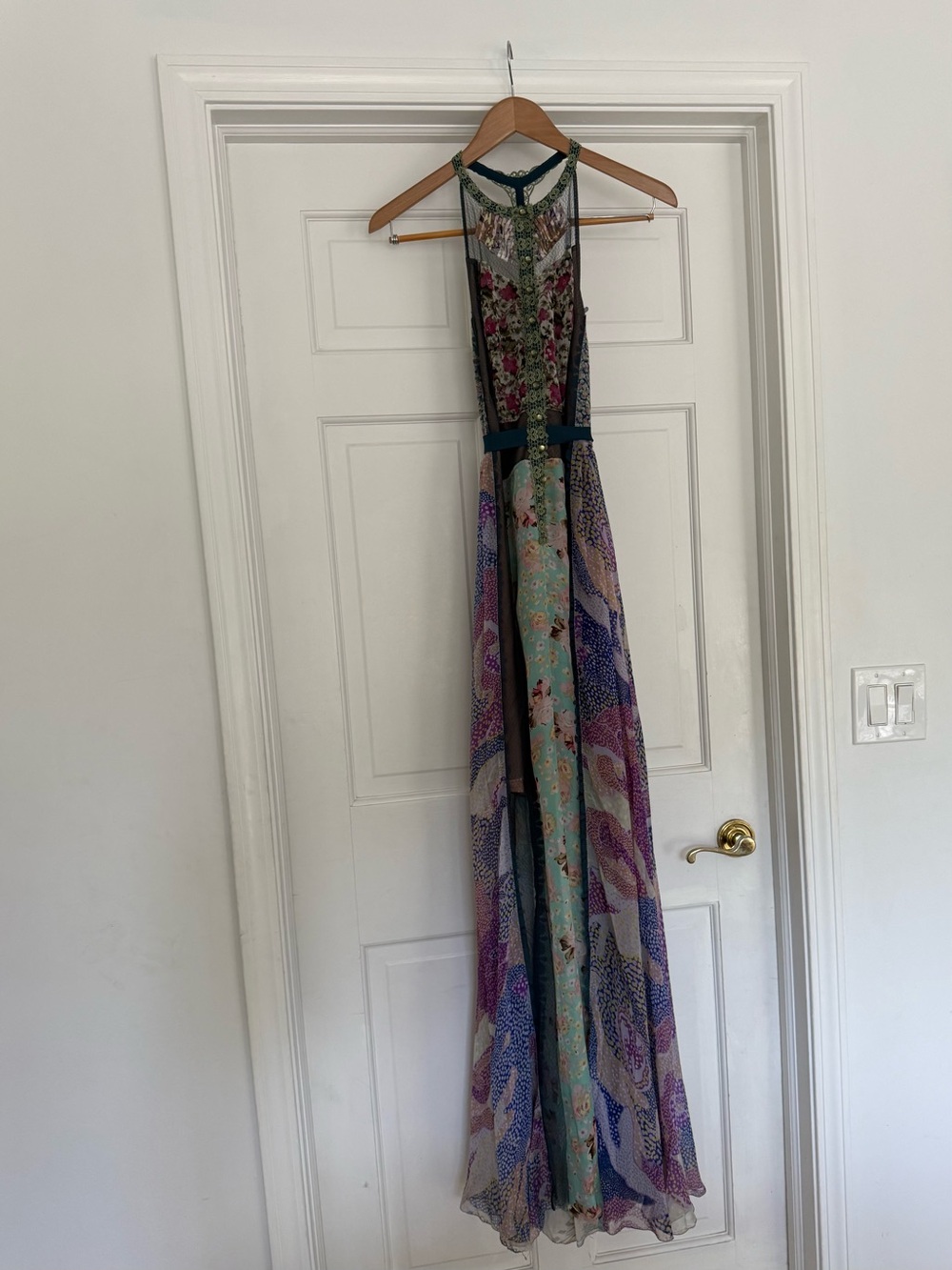 Anthropologie Teal and Purple Floral Halter Maxi Dress by Byron Lars